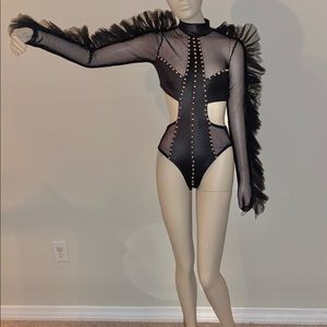 Studded pleather cut out tulle sleeve bodysuit